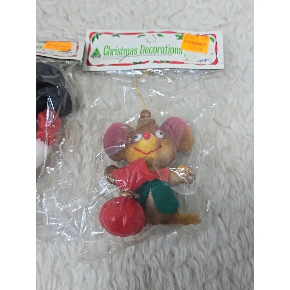 Vintage Flocked Snowman & Mouse Lot of 2 Frosty Googly Eyes Christmas‎ Ornament